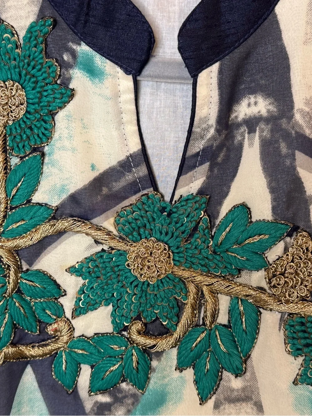 Handmade Teal Ombre Kurti 2pc Set Chiffon Dupatta Bead Floral Tunic Small 47